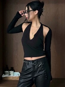 DAZY Women's Solid Color Sleeveless Backless Crop Black Tank Top, Spring/Summer,Halter Top - Black - View 4