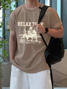 DAZY T-Shirt With Denim Pattern & Letter Print, Summer,Graphic Tees - Brown - View 1