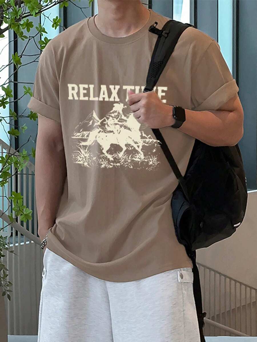 DAZY T-Shirt With Denim Pattern & Letter Print, Summer,Graphic Tees - Brown - View 1