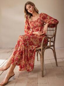 SHEIN Clasi Women's Floral Print Long Ruched Dress - Multicolor - View 6