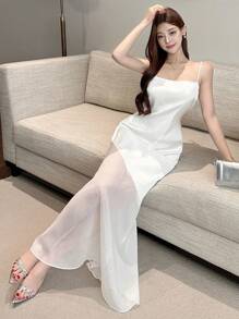 DAZY 女式白色透明网眼拼接长款吊带裙，春夏 FirstDateOutfits 优雅正式女装 - 白色 - 查看 8