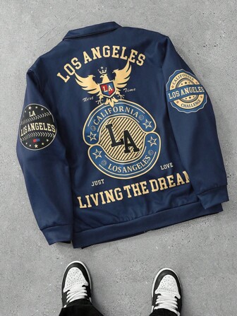 Manfinity Roghcode Men's Zip Up Long Sleeve Letter Printed Fashionable Rave Bomber Jacket, Dark Blue Fashion Graphic Jacket, For Back To School Going Out, Friends, Husband, Boyfriend Gifts, For Fall