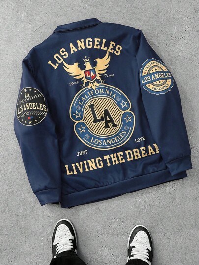 Manfinity Roghcode Men's Zip Up Long Sleeve Letter Printed Fashionable Rave Bomber Jacket, Dark Blue Fashion Graphic Jacket, For Back To School Going Out, Friends, Husband, Boyfriend Gifts, For Fall