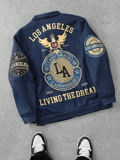 Manfinity Roghcode 男士拉链长袖字母印花时尚狂野飞行员夹克，深蓝色时尚图案夹克，适合返校外出、朋友、丈夫、男朋友的礼物，适合秋季