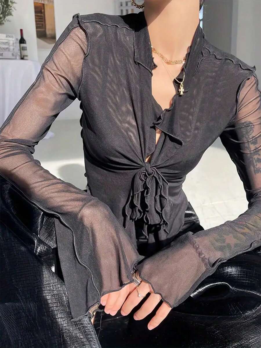 INAWLY Women's Solid Color Bow Neck Casual T-Shirt Fall Cloth For Women - Black - View 1