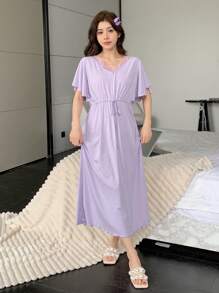 DAZY Solid Color Lace Patchwork Cinched Waist Women Casual Dress Loungewear Pajama - Purple - View 5