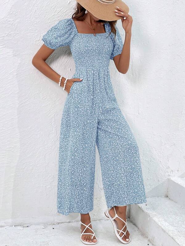 SHEIN Clasi Women Square Neck Short Sleeve All-Over Print Casual Jumpsuit