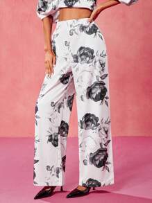 Oxana Designer Women's Black And White Silhouette Floral Print Elastic Waistband Comfortable Wide Leg Casual Pants, Valentine's Day, Festival - Multicolor - View 4