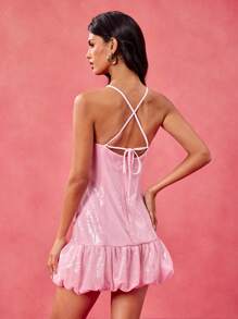 Thainara Oliveira Váy mini viền bóng bay xếp nếp hoa 3D đính sequin màu hồng thiết kế, lễ hội, màu pastel, váy dạ hội - Hồng - Xem 2