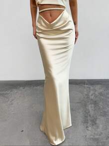 SHEIN Privé Nueva falda larga plisada de cintura de silueta de sirena con cuello en U color albaricoque, elegante y romántica para citas, primavera/verano
