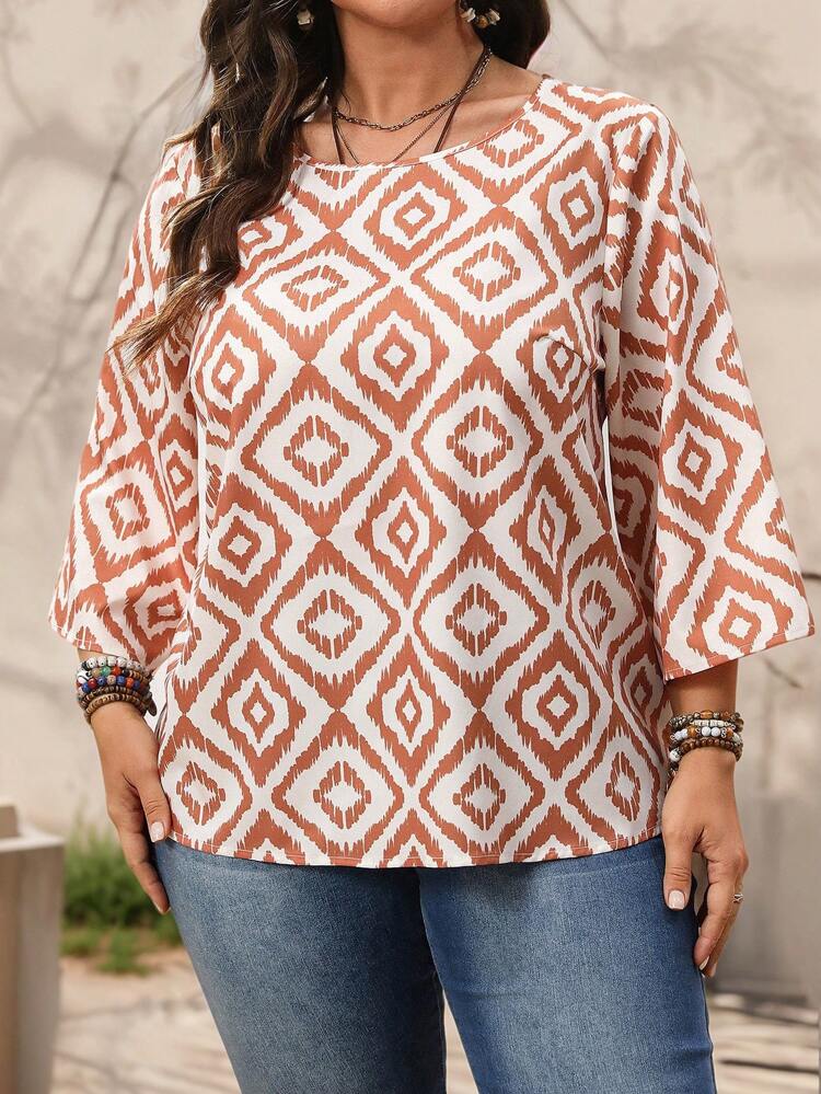 Plus Size Women Geometric Print Round Neck 3/4 Sleeve Loose Casual Blouse,Spring Clothes,Western Wear Women
