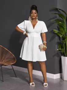 Slaydiva 2025 New Rave/Easter Outfit, Old Money Style, Country Concert Outfit, Going Out Outfit, Fairycore, Festival Outfit, Tropical Vacation Clothes, Summer Outfit For Women, Summer, Rave, European Summer, Spring Outfit, Western Wear Plus Size, Concert, Graduation Outfit, Versatile Daily Casual Simple Sexy/Minimalist Plus Size, White Casual Ruffle Sleeve V-Neck Mini Dress