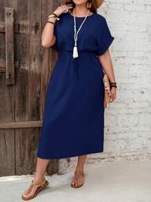 EMERY ROSE Plus Size Solid Color Tied Waist Split Hem Casual Summer Vacation Dress - Blue - View 6