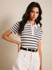 Poéselle Women's Front Button Short Sleeve Striped Casual Blouse, Daily Wear,Classic Black And White Striped Short Sleeve Polo Shirt,Fashionable Women's Black And White Striped Polo Shirt - Black and White - View 6