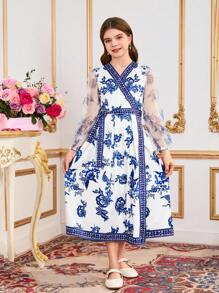 1 peça vestido estilo vintage com estampa floral e emenda francesa, manga bufante longa, cintura franzida, primavera/verão - Branco - Ver 4