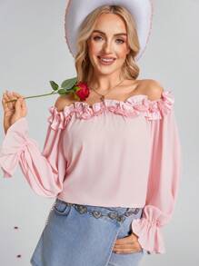 SHEIN LUNE Women 3D Floral Ruffle Off Shoulder Long Sleeve Solid Loose Blouse,Valentine's Day,Western Wear Women,Spring - Pink - View 2