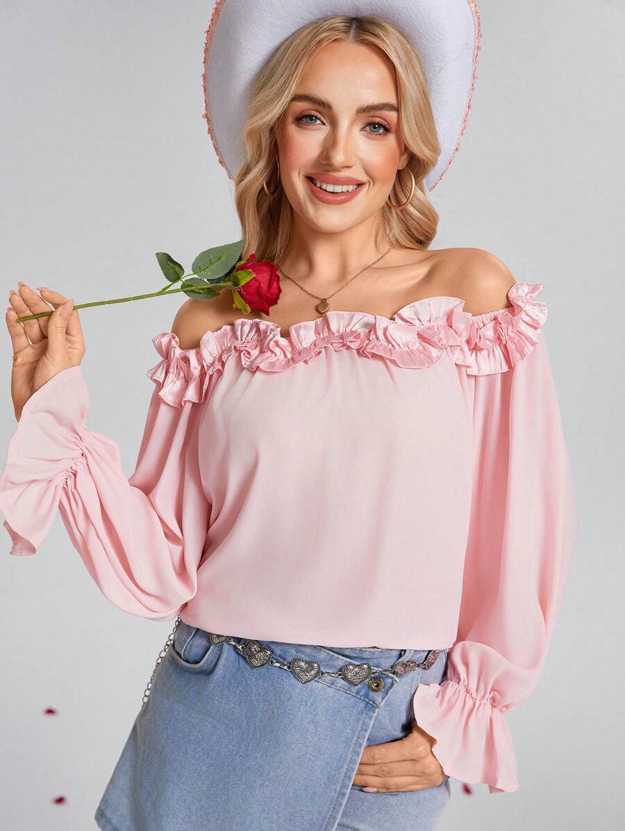 SHEIN LUNE Women 3D Floral Ruffle Off Shoulder Long Sleeve Solid Loose Blouse,Valentine's Day,Western Wear Women,Spring
