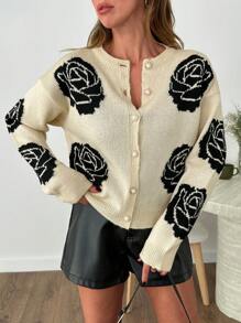 SHEIN Élégant cardigan col rond jacquard de couleur contrastée avec motif floral premium