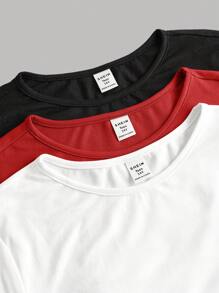 SHEIN Girlism 3-Piece Teen Girl Solid Color Crew Neck Ruched Long Sleeve T-Shirt Set, Lined For Added Warmth - Red - View 3