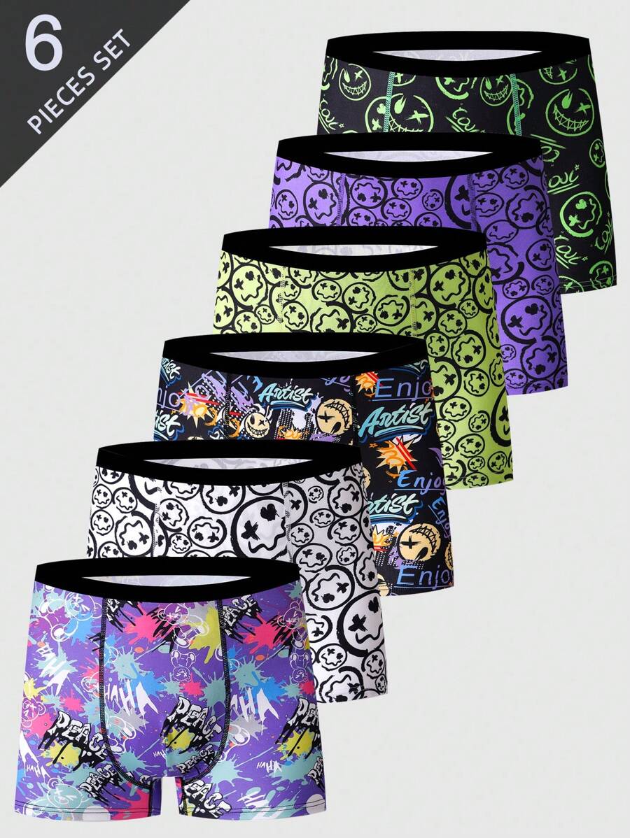 6pcs/Set Teenage Boy Stylish Smiling Face Print Elastic Waist Band Boxers, Casual Sports Underwear For College & High School Students - Multicolor - View 1