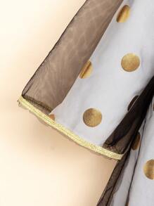 SHEIN 年轻女孩斋月长袍 Kaftan Jalabiya 束腰外衣，国庆节朴素服装，奢华优雅时尚黑色网眼金色饰边长袍 + 长款白色金属波尔卡圆点连衣裙 2 件套 - 彩色 - 查看 4