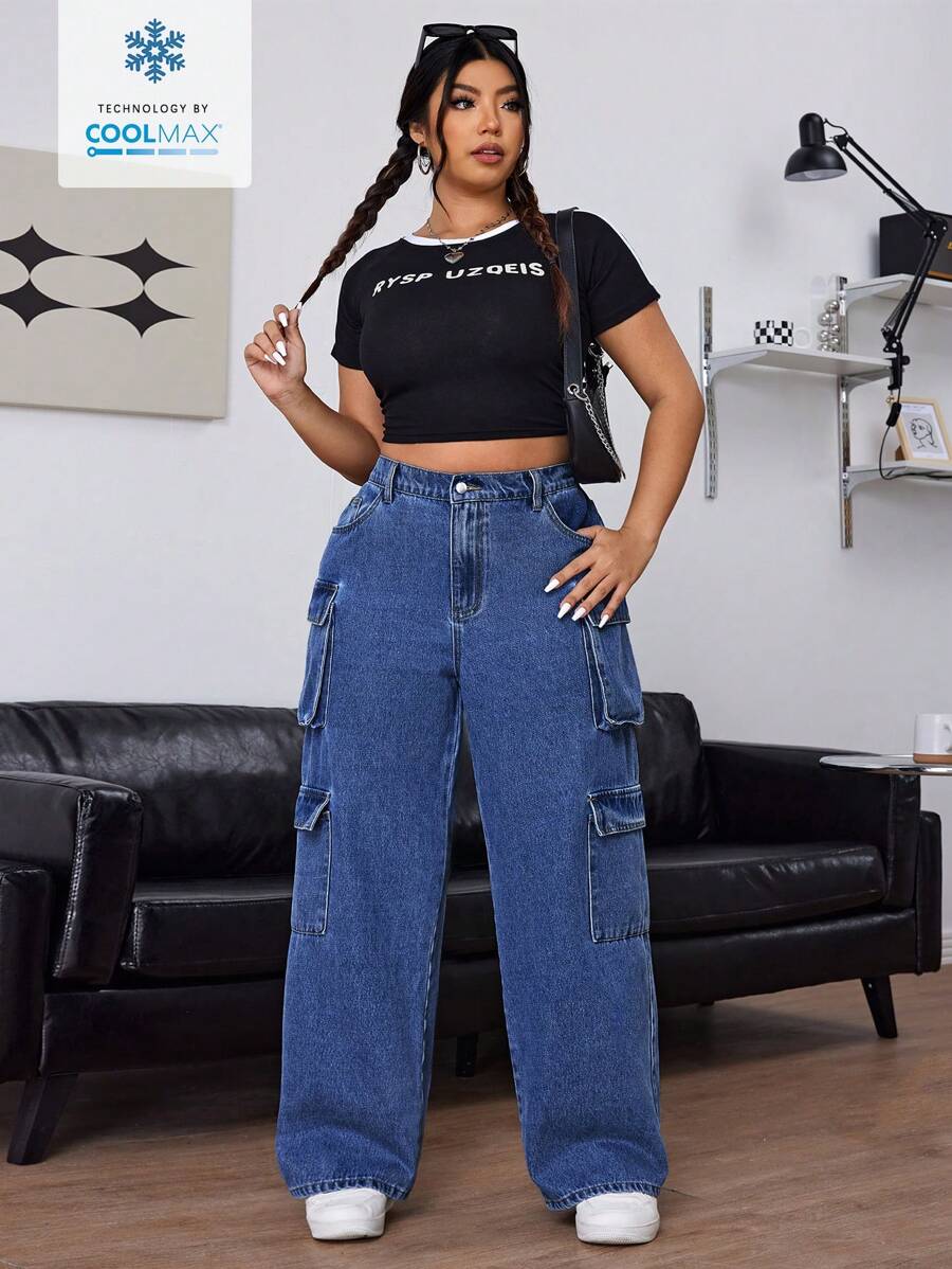 Solflare Coolmax Plus Size Front Button Pocket Straight-Leg Jeans, Casual Daily Wear - Blue - View 1