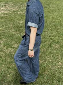 DAZY 夏季纯蓝色男士牛仔衬衫套装 - 藍色 - 查看 3