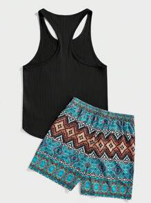 Manfinity RSRT 男士圆领无袖纯色拼布休闲上衣和短裤两件套套装