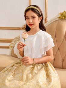 SHEIN 2pcs Tween Girls Solid Color Round Neck Simple Top And Skirt Set - Green - View 5