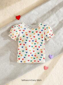Cozy Pixies Parte superior con cuello redondo suave de manga abombada para niñas pequeñas con estampado colorido de corazones del Día de San Valentín - Azul - Ver 3