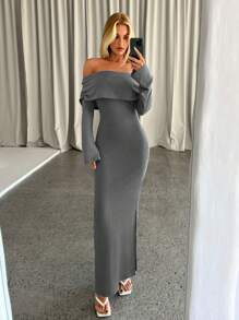 Aloruh Robe midi décontractée/de travail longue, ajustée, aux manches évasées et aux épaules dénudées, plissée, élégante et sexy pour femmes, nouveauté pour l'automne et l'hiver - Gris - Voir 5