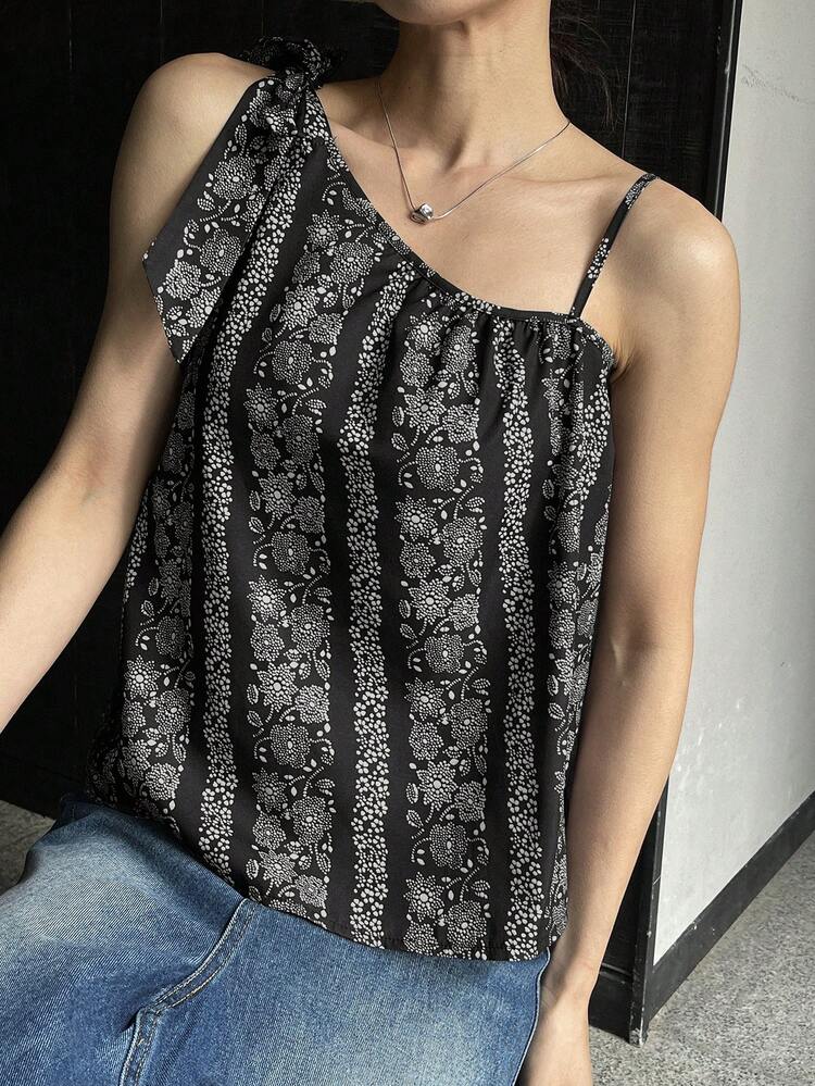 Women All-Over Floral Print Tie-Waist Ruffled Cold Shoulder Boho Casual Summer Top Vacation Outfits Women