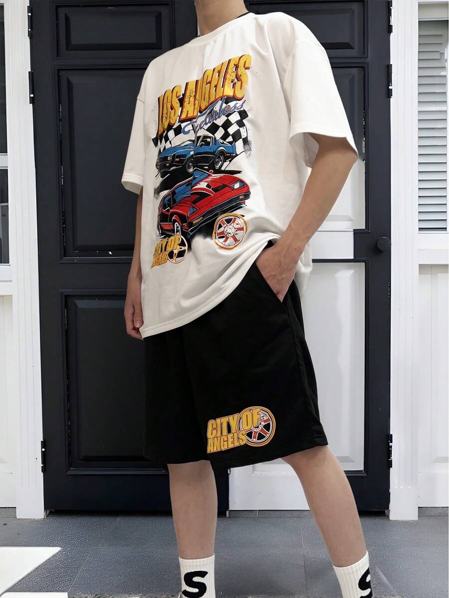 Manfinity Roghcode Men's Letter & Car Print Round Neck Short Sleeve Casual T-Shirt & Drawstring Waist Shorts 2 Pieces Set