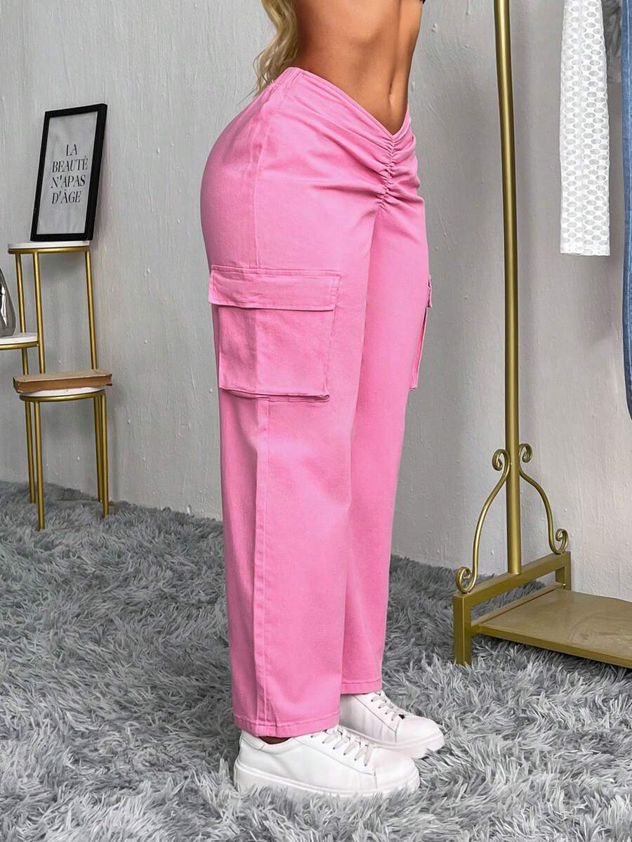 SHEIN SXY 女士纯色褶皱口袋简约牛仔裤,粉色牛仔裤,休闲日常穿着 - 玫紅色 - 查看 1
