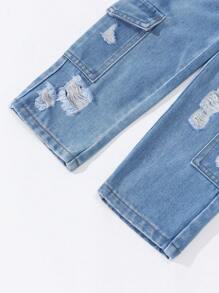 年轻女孩 Y2K 风格休闲破洞多口袋松紧腰工装洗水蓝牛仔裤 - 中等水洗藍 - 查看 5