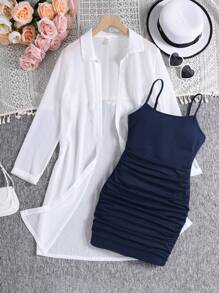 SHEIN Leap Crew 2 Pieces Set: Teen Girls' Solid Color Ruched Dress & Sheer Chiffon Blouse - Royal Blue - View 5