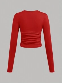 SHEIN Girlism 3-Piece Teen Girl Solid Color Crew Neck Ruched Long Sleeve T-Shirt Set, Lined For Added Warmth - Red - View 6