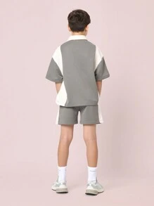 SUMWON 男童设计师套装运动休闲方块图案 Polo 衫短款套装学校春夏校服运动套装配套服装