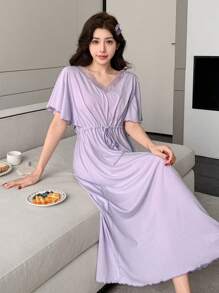DAZY Solid Color Lace Patchwork Cinched Waist Women Casual Dress Loungewear Pajama - Purple - View 6