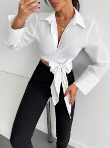 RueChic LONG SLEEVE VOLUMED CUFF TIE UP HEM SHIRT - White - View 5