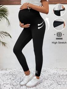 SHEIN Maternity Solid Color Adjustable Waist Skinny Casual Leggings - Black - View 1