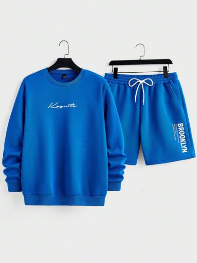 Manfinity VCAY Conjunto de 2 piezas para hombre con sudadera con capucha de punto de ajuste suelto y manga larga, talla grande pantalón corto recto de cintura elástica