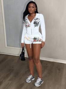 Slaydiva New Spring And Summer Casual Street Hooded Long-Sleeved Zipper Sweatshirt Cardigan + Slim Shorts Slogan Skull Print White Women's Two-Piece Set-B - White - View 5