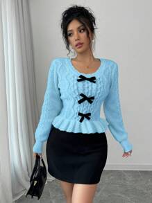 Calvaya Nueva sudadera casual con cuello redondo, manga larga y decoración de lazo para mujer