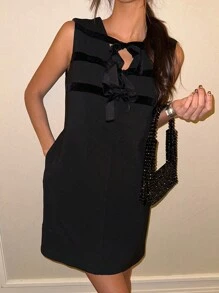 DAZY 女士圆领丝绒撞色直筒迷你连衣裙，春夏派对女士礼服舞会礼服女仆装吊带裙，休闲女士连衣裙优雅女士连衣裙 - 黑色 - 查看 7