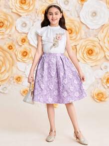 SHEIN 2pcs/Set Tween Girls Casual Stand Collar Asymmetric Ruffle Sleeveless Blouse & Jacquard Skirt Outfit - Mauve Purple - View 8