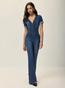 Poéselle 女式有领短袖拉链前口袋休闲牛仔连体裤 - 霧霾藍 - 查看 5