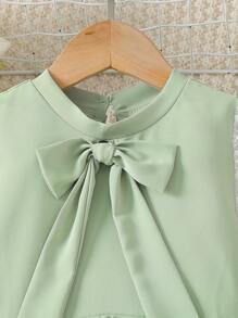 2 Pieces Young Girls Ramadan Set - Fashion Detachable Bowknot Decor Polka Dot Mesh Patchwork Long Sleeve Tops + Wide Leg Pants, Comfortable Outfit For Daily, Party, Gift, Spring/Summer/Autumn - Mint Green - View 3