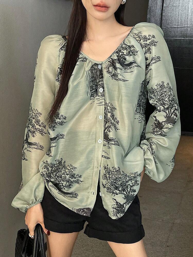 Women's Floral Print Loose V-Neck Long Sleeve Casual Vacation Shirt, Summer