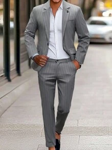 Calvornis Men's Front Button Long Sleeve Striped Minimalist Top And Pants Suit Set - Grey - View 1